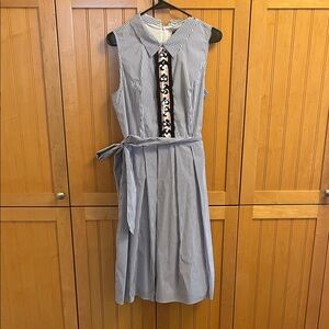 Ivanka Trump Blue/ White Stripe Sleeveless Dress with Beaded Floral Detail